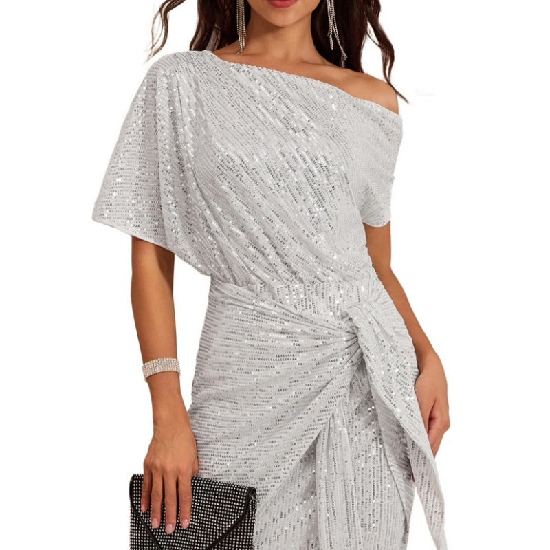 Women's Brimmed Shiny Party Dress One Shoulder Pleated