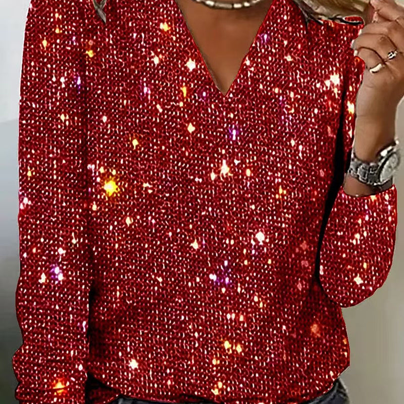 Plus Size Women's V-Neck Sparkle Top Long Sleeve Glitter Blouse For Office And Casual Wear