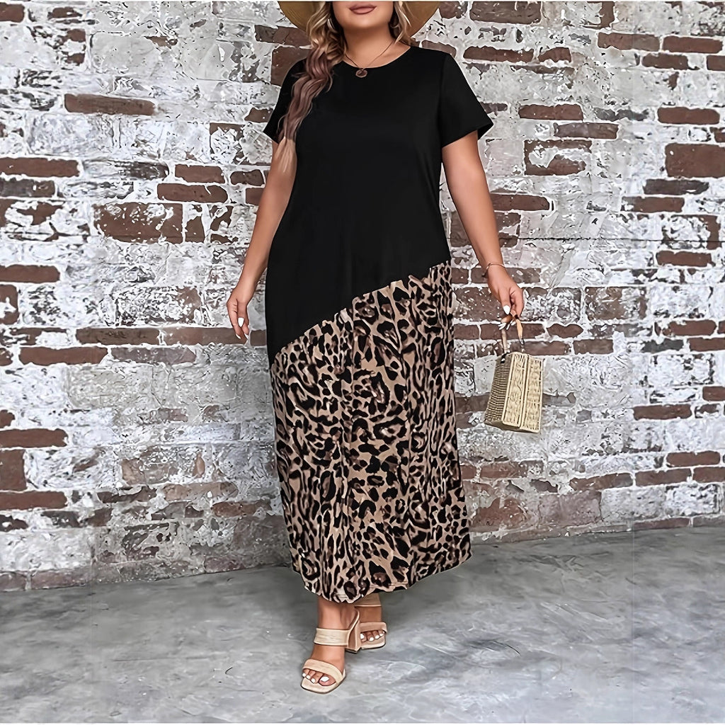 Women's Casual Short-sleeved Leopard Print Loose Stitching Maxi Dress