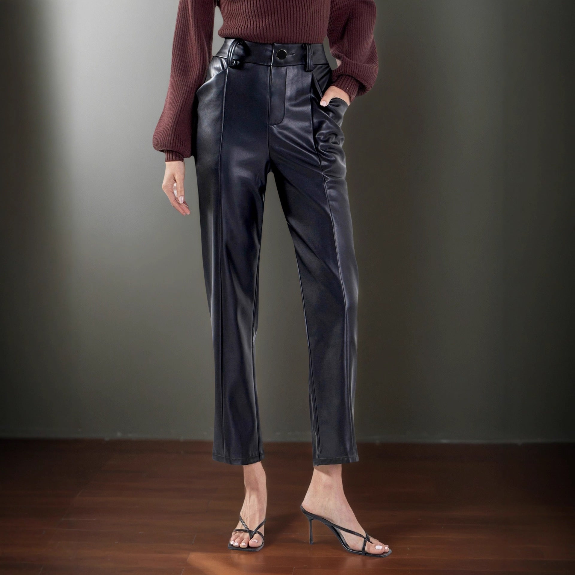 High Waist Matte PU Leather Straight-leg Trousers