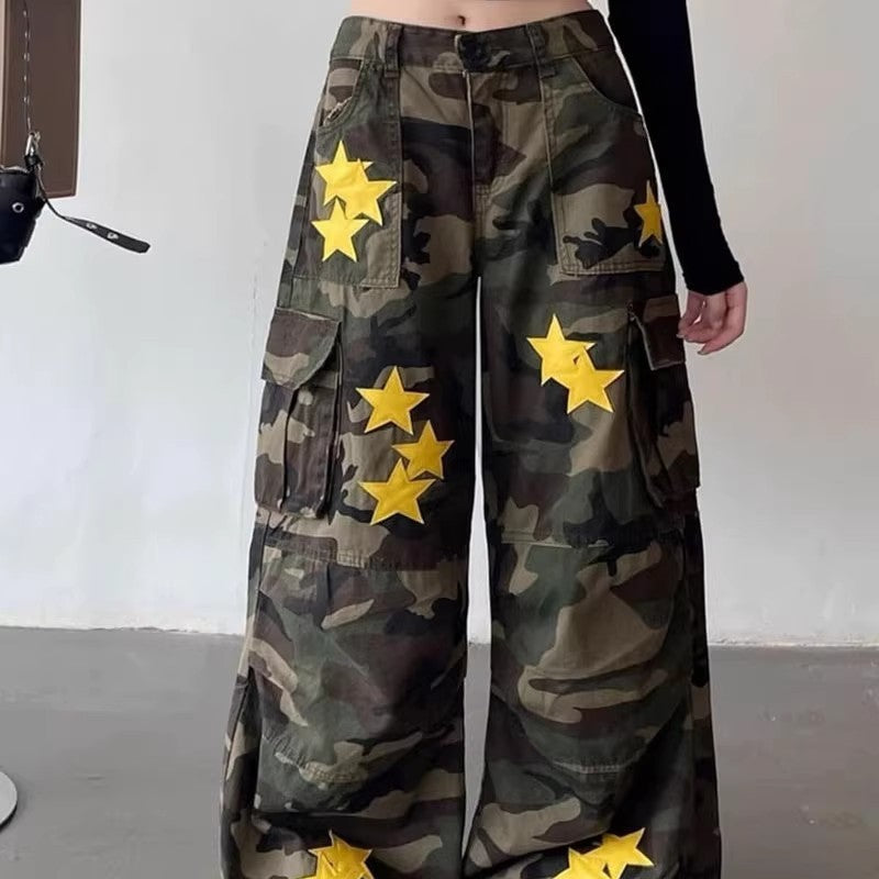 Retro Camouflage Workwear Jeans Women's Wide Leg Mop Pants