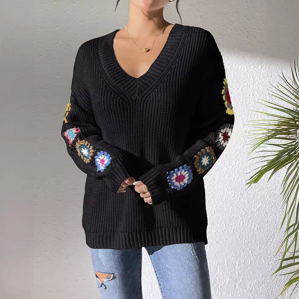 Autumn And Winter Crochet Stitching V-neck Pullover Sweater