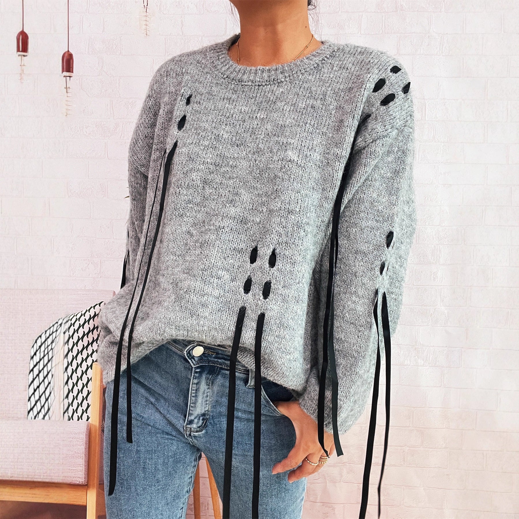 Handmade Lace-up Knitted Round Neck Long Sleeve Loose Sweater