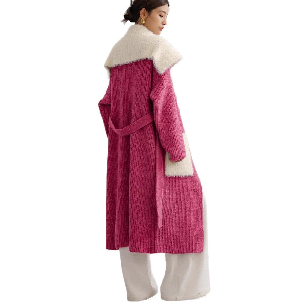 Fur Collar Long Stitching Cardigan Loose Knitted Overcoat Coat