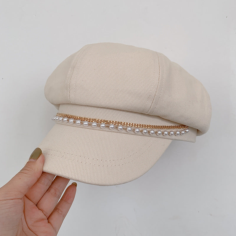 Pearl Octagonal Cap Korean Style All-matching Graceful Beret Classic Style Duck Tongue Newsboy Cap Tide