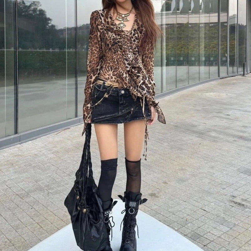 Retro Street Babe Top Leopard Print V-neck Long Sleeve