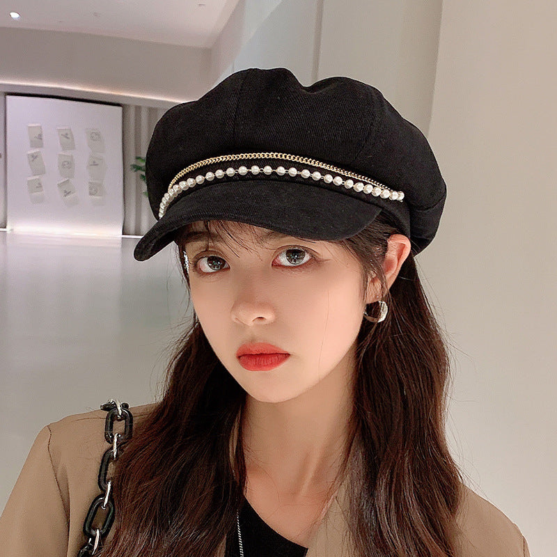 Pearl Octagonal Cap Korean Style All-matching Graceful Beret Classic Style Duck Tongue Newsboy Cap Tide