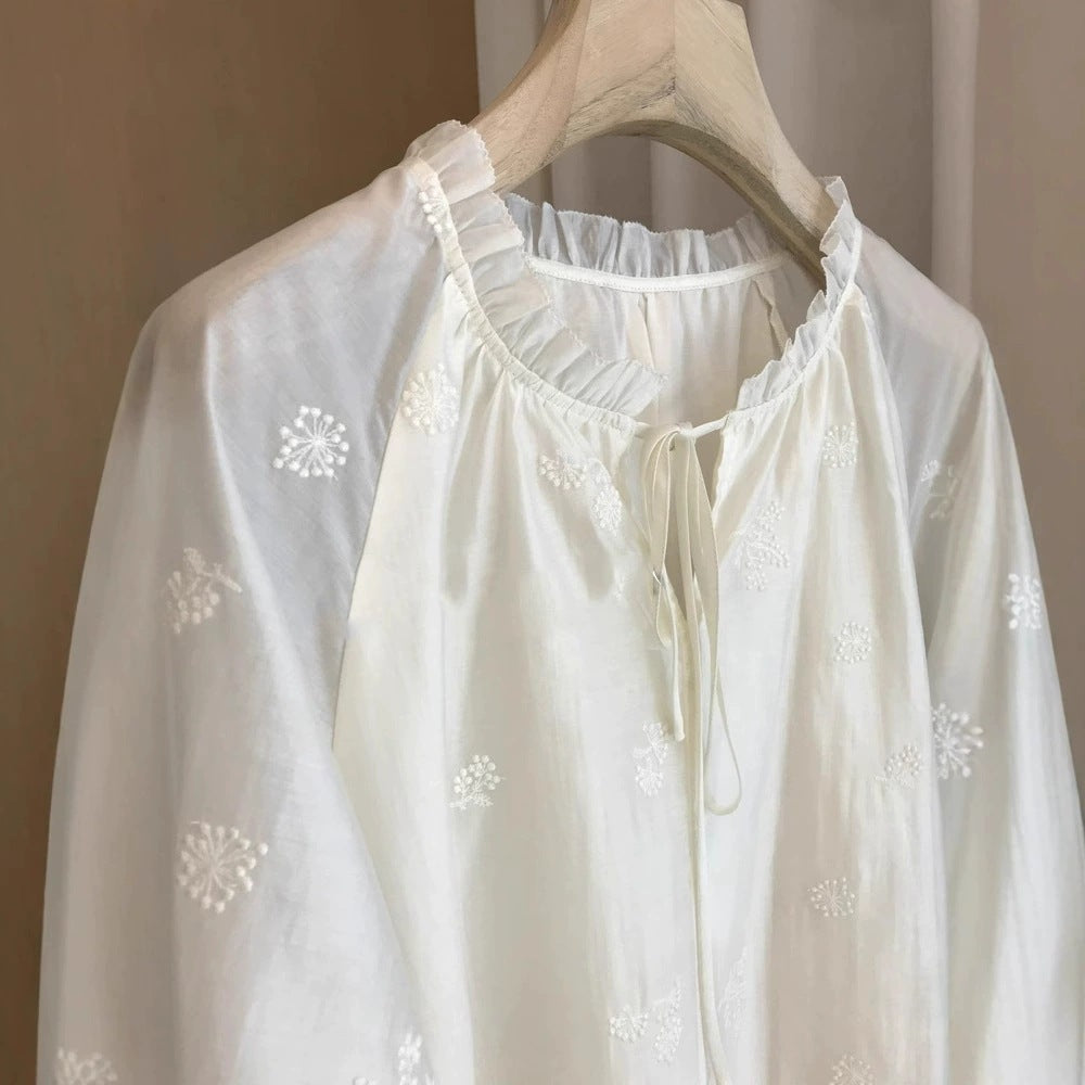 French Retro Lantern Sleeves Slimming Embroidered Women's Shirt