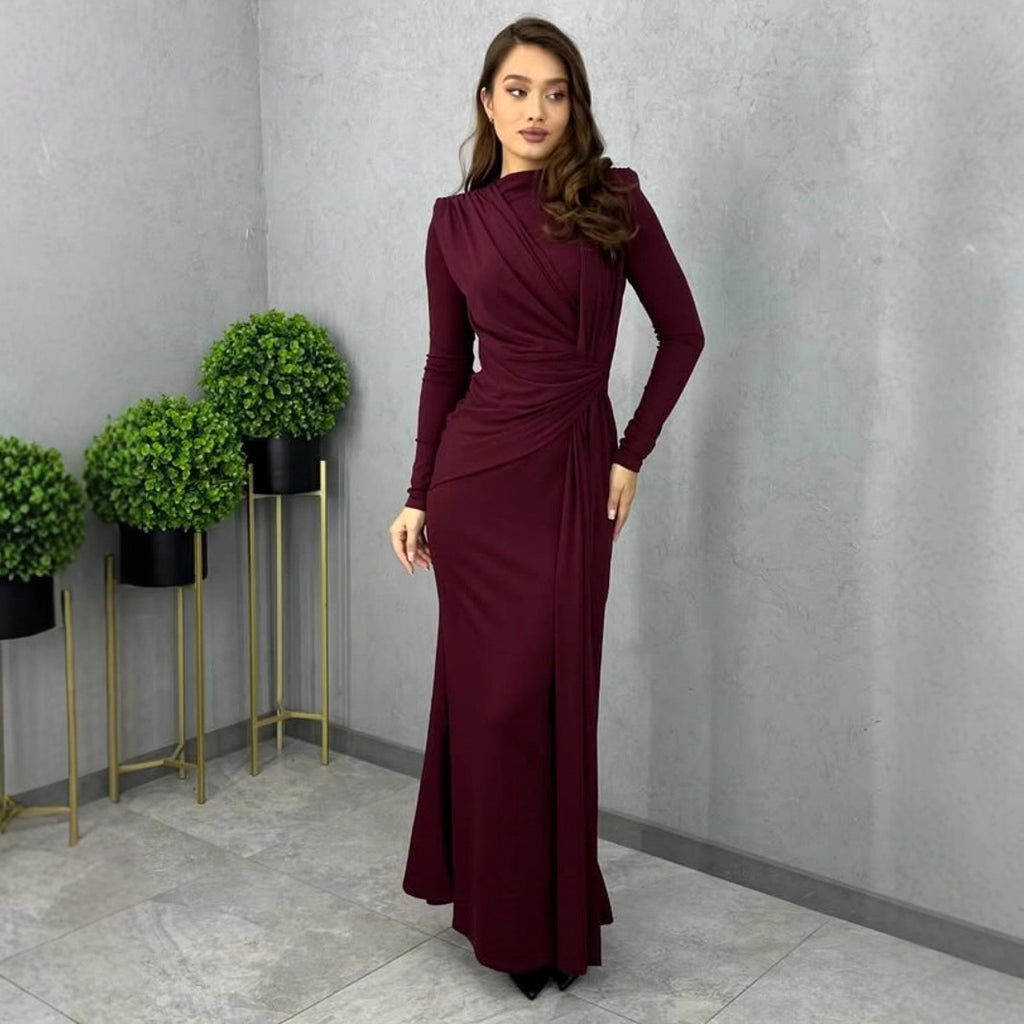 Long Sleeve Fitted Waist Pleated Slim-fit Long Dress