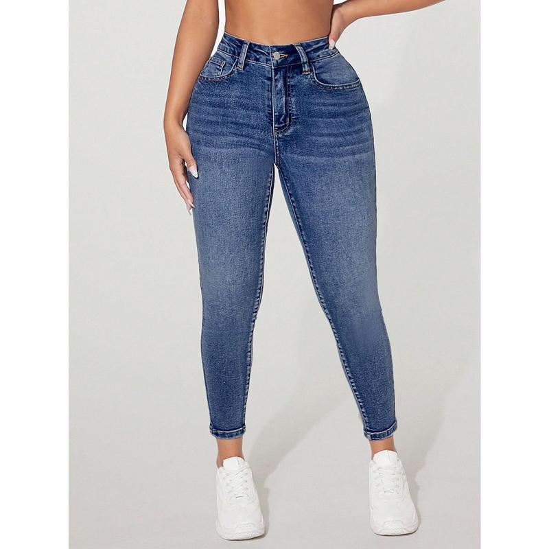 High Waist Fastener Decoration Skinny Stretch Jeans