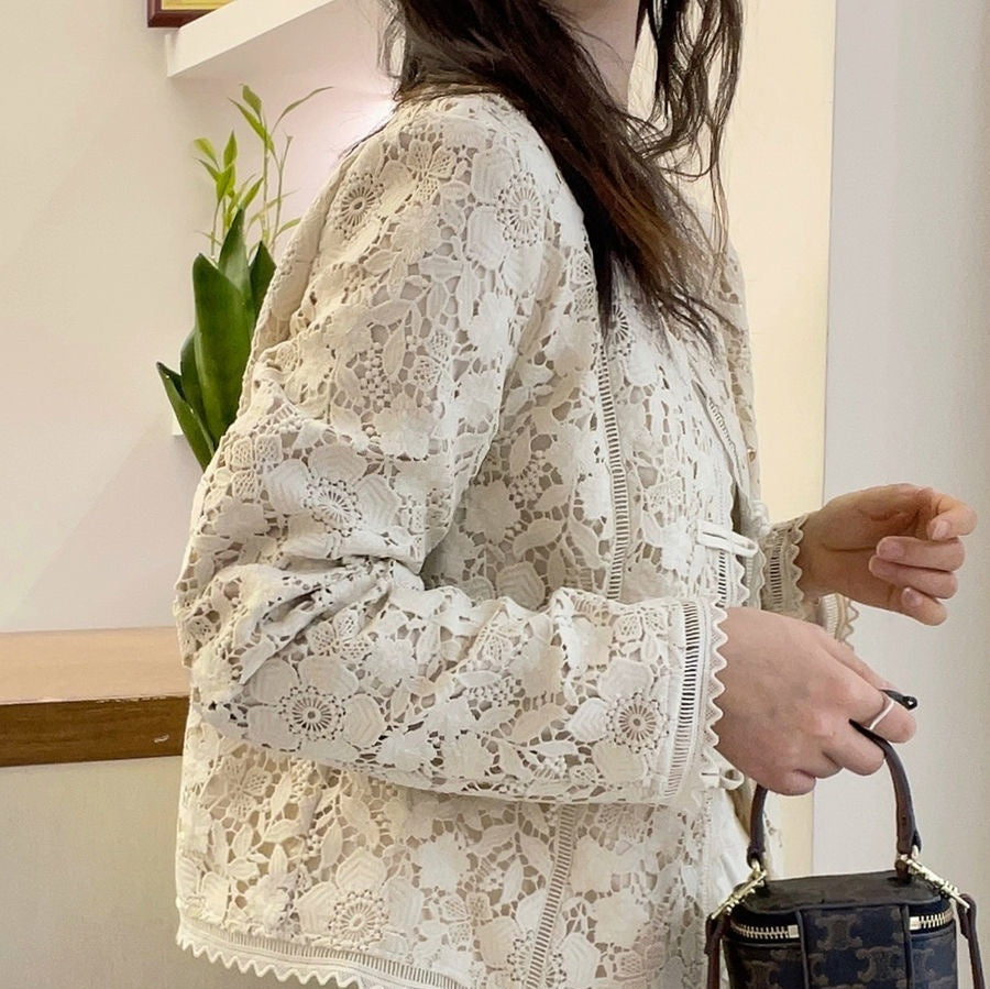 New Chinese Lace Crocheted Short Coat Women's Long Sleeve