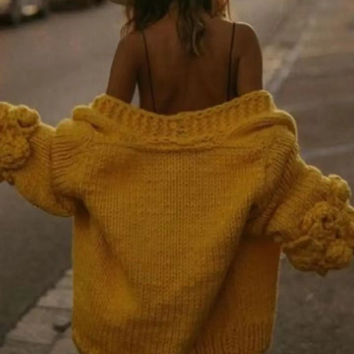 Long Sleeve Sweater Fashion Flower Sleeve Coarse Woven Knitted Cardigan