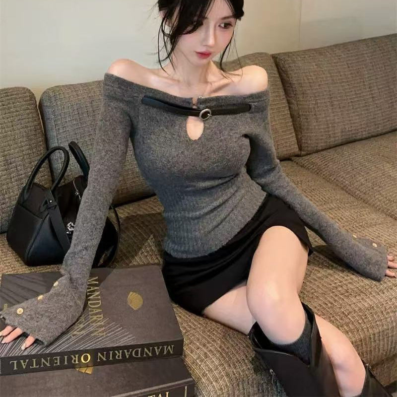 Women's Sweater Belt Off-shoulder Short Long Sleeve Top
