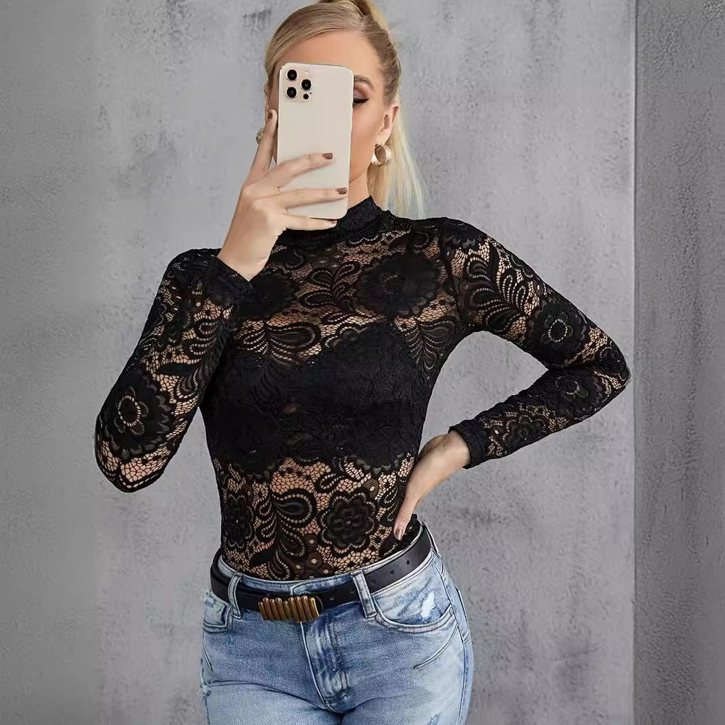Fashionable All-match Lace Slimming Outside Wear T-shirt Long Sleeve