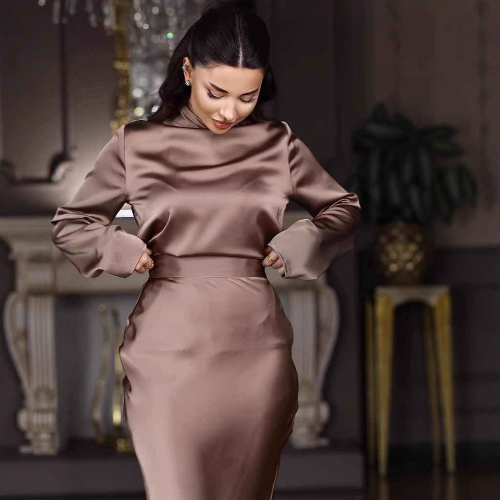 High-end Satin Long Sleeve Top Fashionable Elegant Socialite Skirt Long Skirt