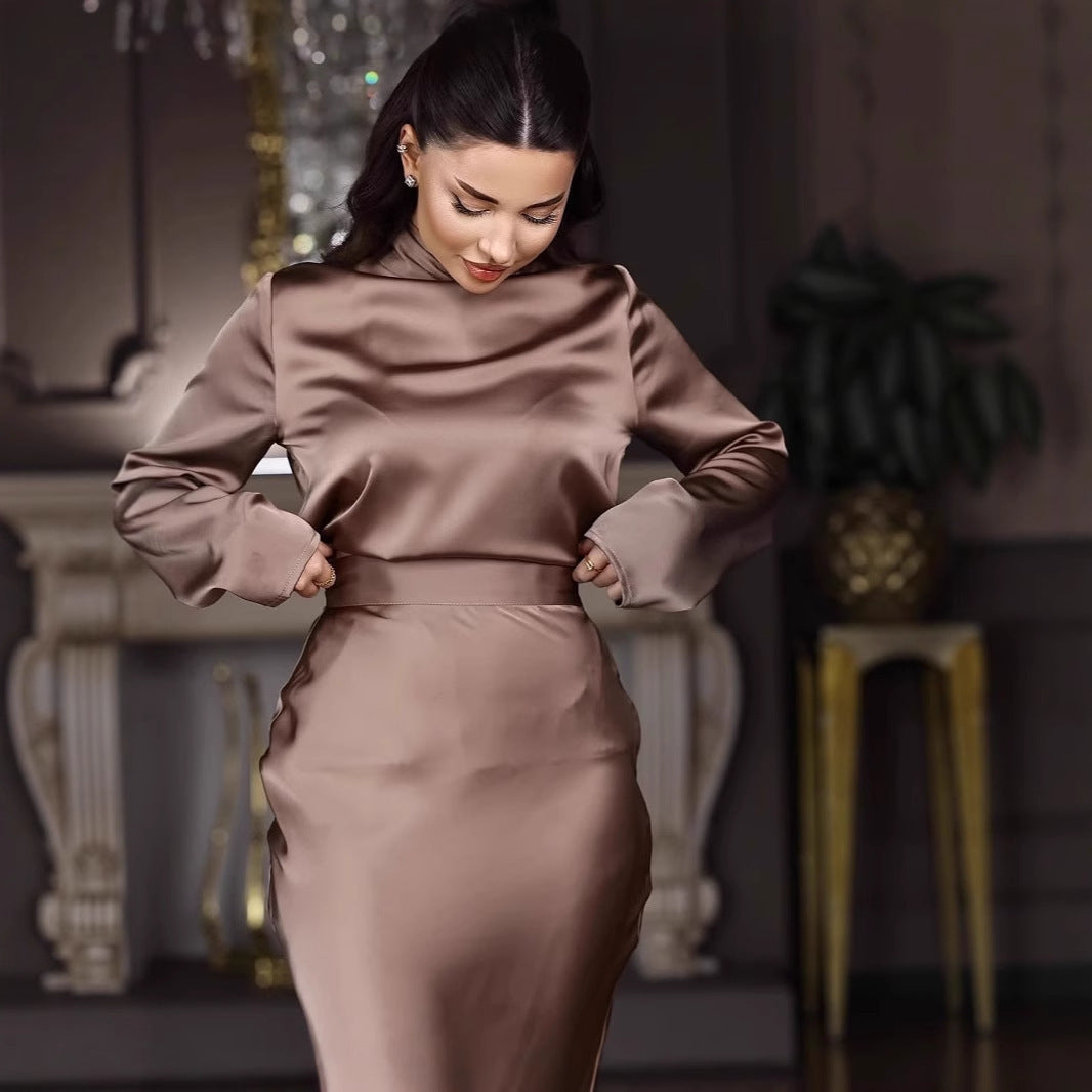 High-end Satin Long Sleeve Top Fashionable Elegant Socialite Skirt Long Skirt