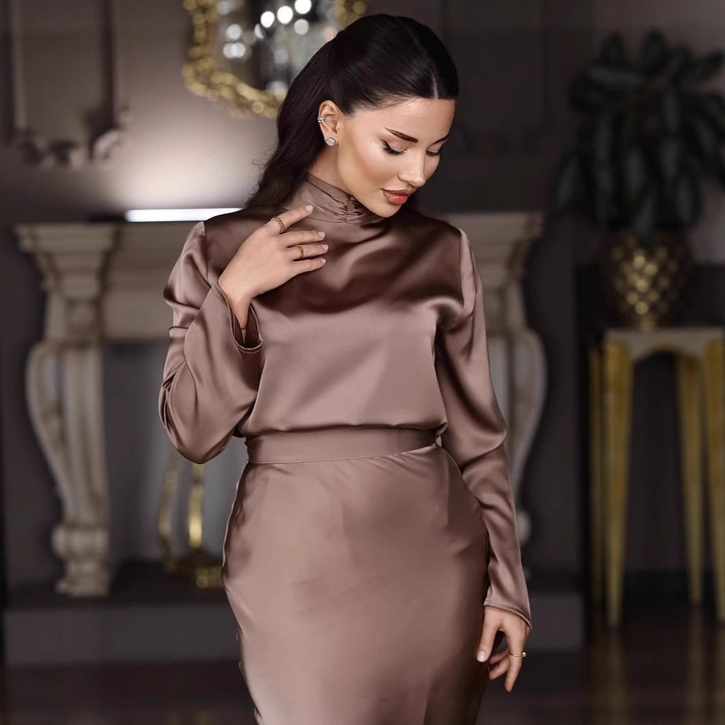 High-end Satin Long Sleeve Top Fashionable Elegant Socialite Skirt Long Skirt