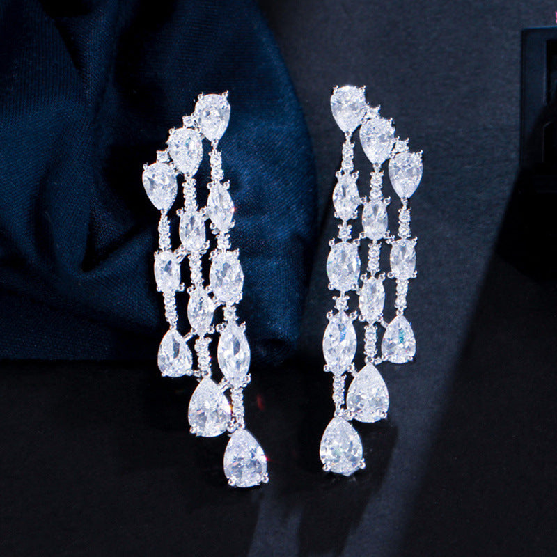 925 Sterling Silver Needle Temperament Personality With Zirconia Full Drill Teardrop-shaped Earrings