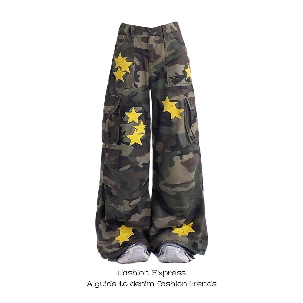 Retro Camouflage Workwear Jeans Women's Wide Leg Mop Pants