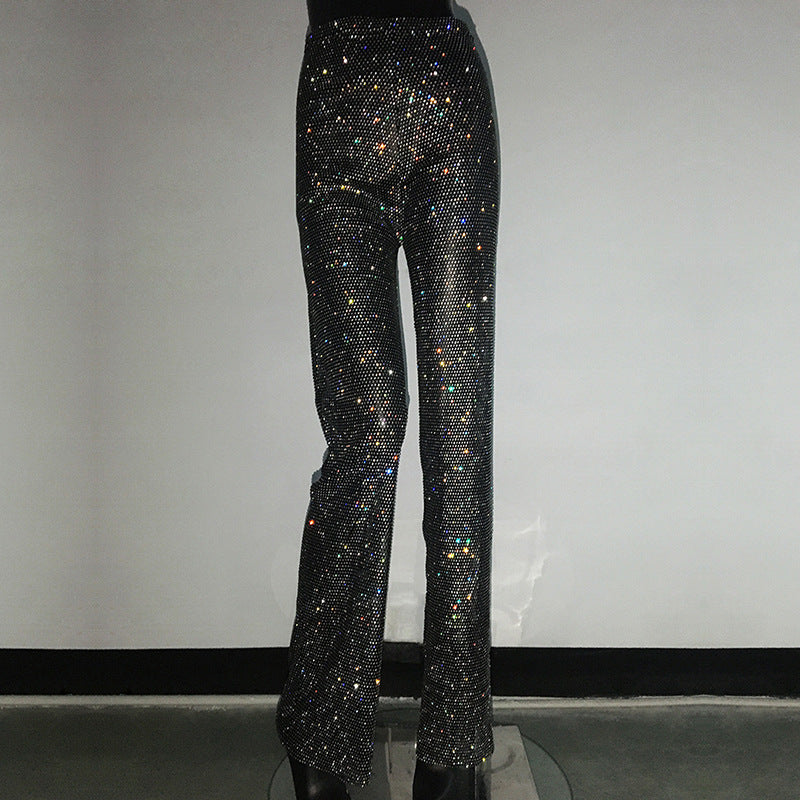 Women's Fashion Straight Rhinestone Fishnet Casual Wide-leg Pants
