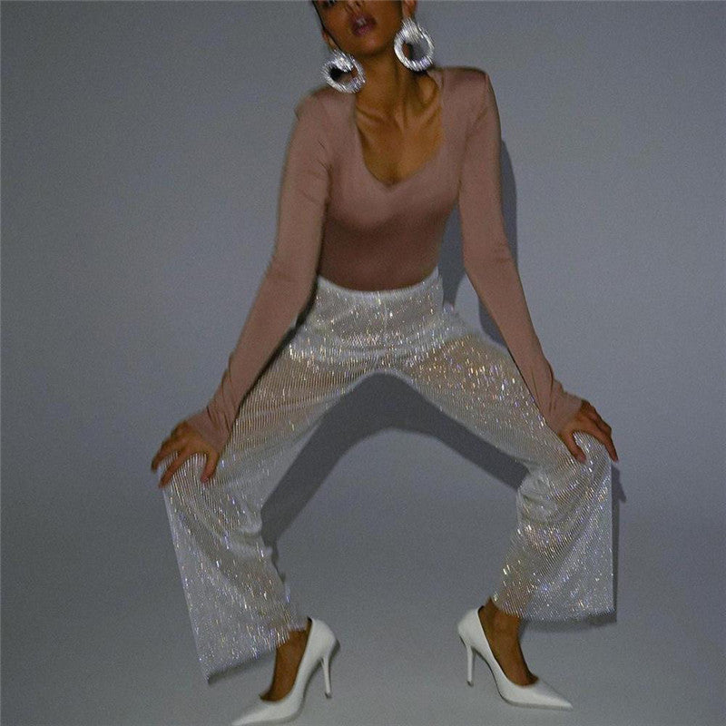 Women's Fashion Straight Rhinestone Fishnet Casual Wide-leg Pants