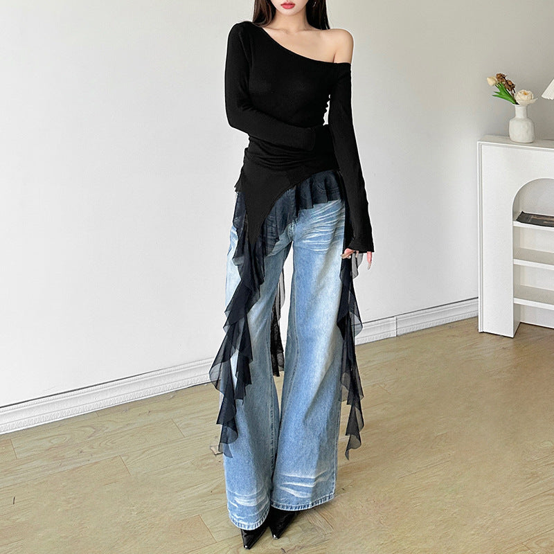 Women's Solid Color Slim-fit Street Fashion Diagonal Collar Long-sleeved Top