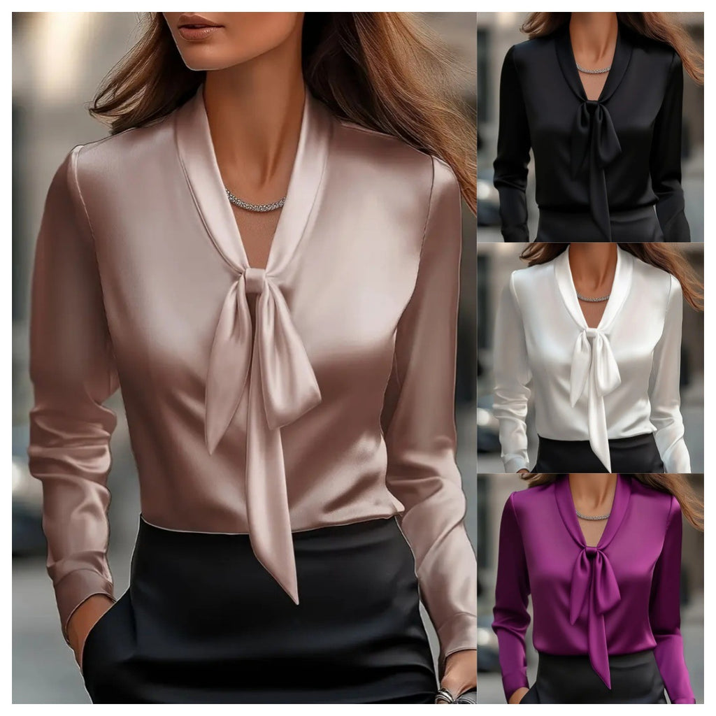 Fashionable Elegant Solid Color Tie Satin Long Sleeve Shirt