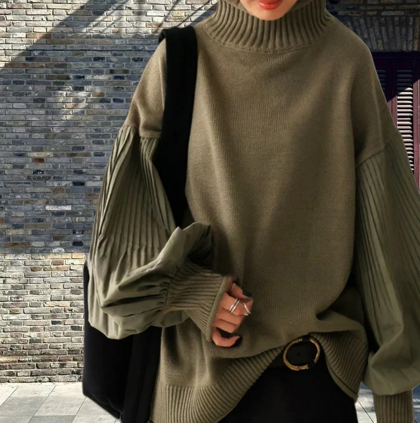 Fashion Casual Turtleneck Folding Sleeve Stitching Puff Sleeve Casual Sweater