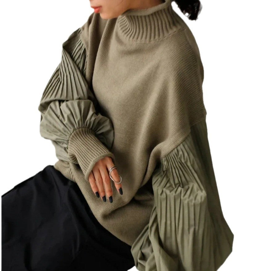 Fashion Casual Turtleneck Folding Sleeve Stitching Puff Sleeve Casual Sweater