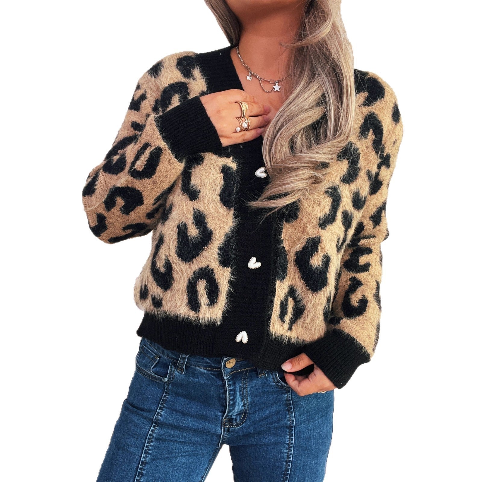 Thick Leopard Print Sexy V-neck Short Single-breasted Sweater