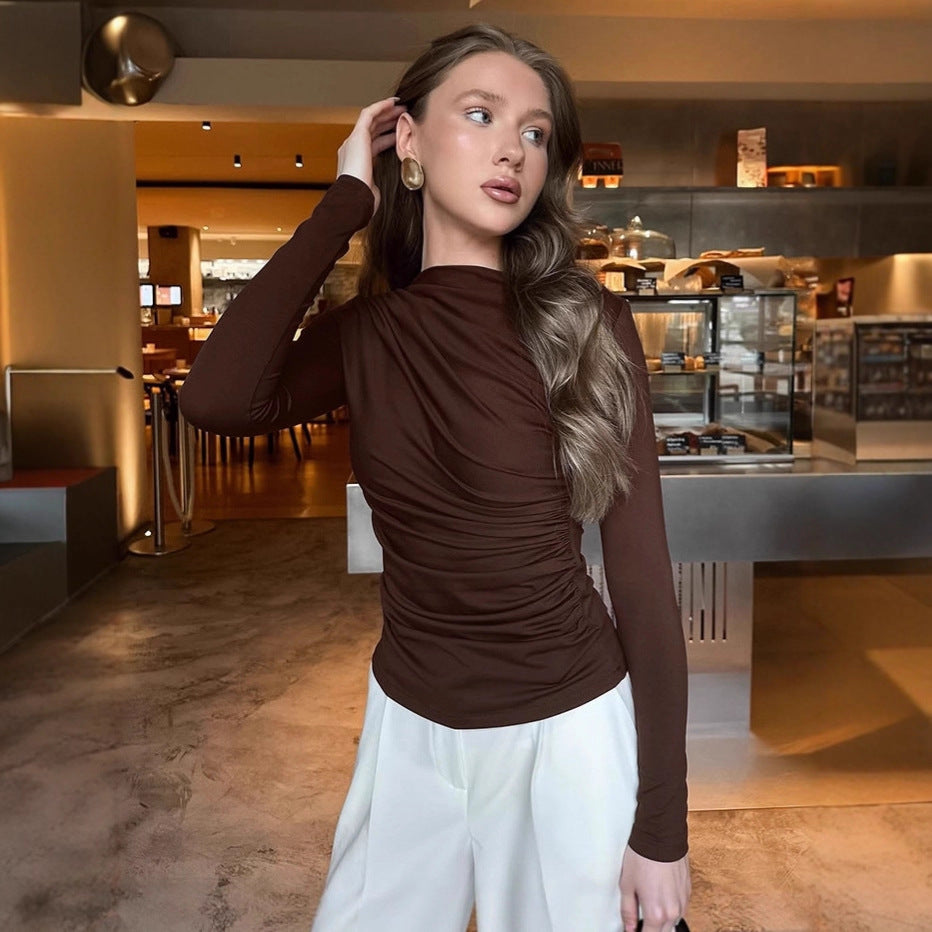 Brown Round Neck Bottoming Shirt Temperament Waist-controlled Long Sleeve