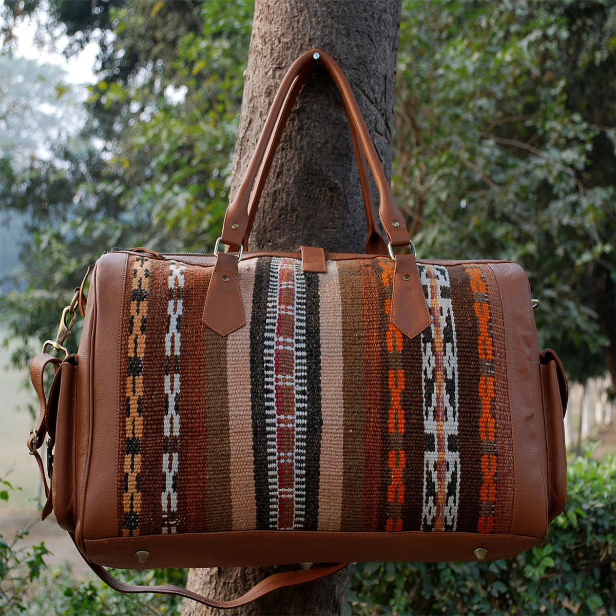 Kilim Leather Pastel Brown Duffle Bag-7