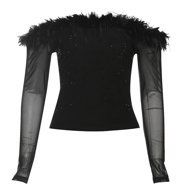 Fashion Off-neck Stitching Edging Long Sleeve Women