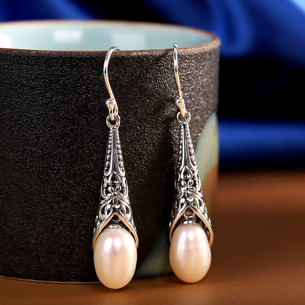 S925 Silver Inlaid Baroque Long Pearl Earrings