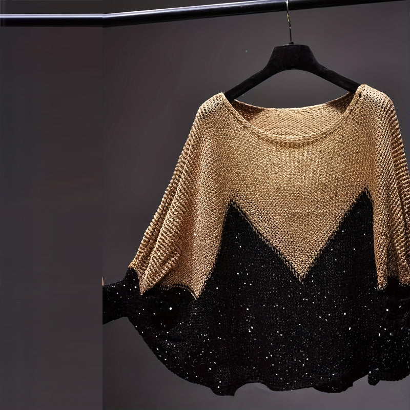 Women's Color-Block Batwing Sleeve Top, Loose Fit Round Neck Knit Sweater For Spring And Fall