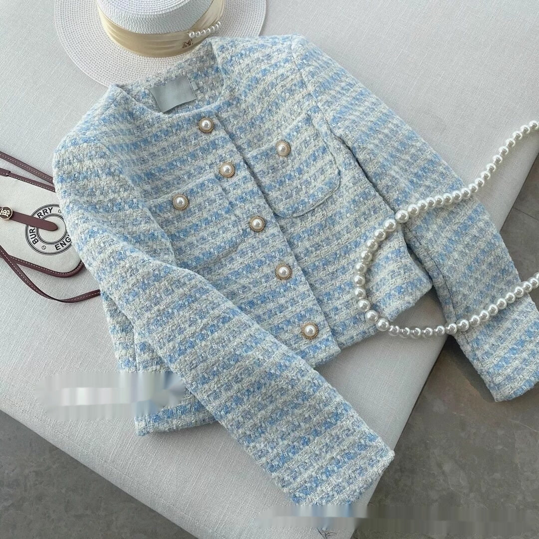 Gentle Milk Blue Pearl Buckle Classic Style Woolen Coat Female