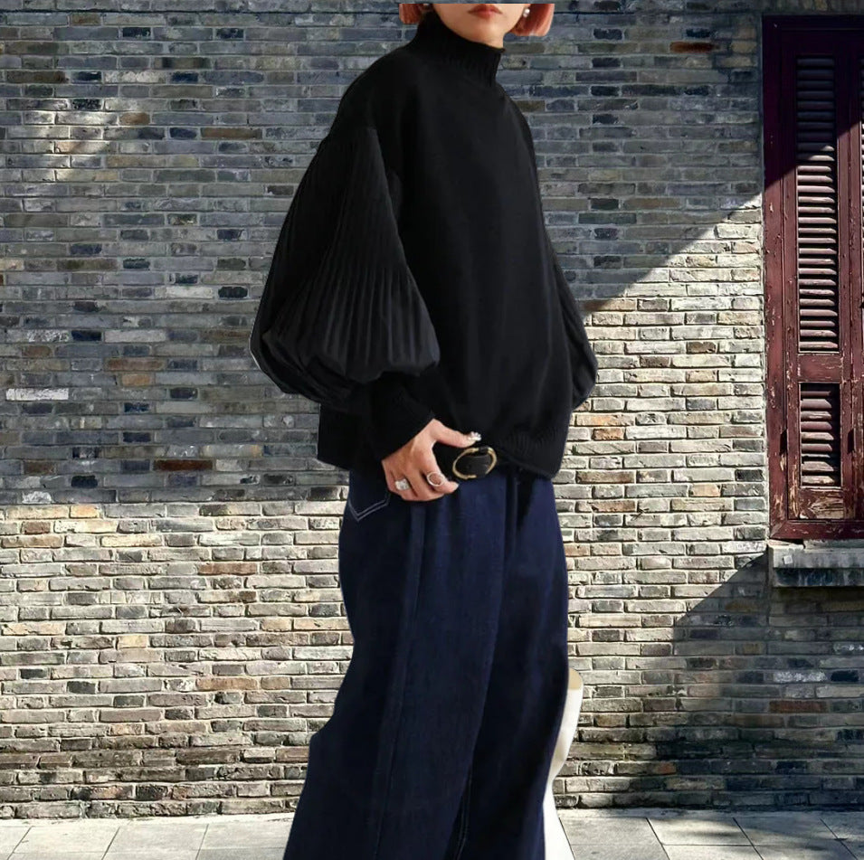 Fashion Casual Turtleneck Folding Sleeve Stitching Puff Sleeve Casual Sweater