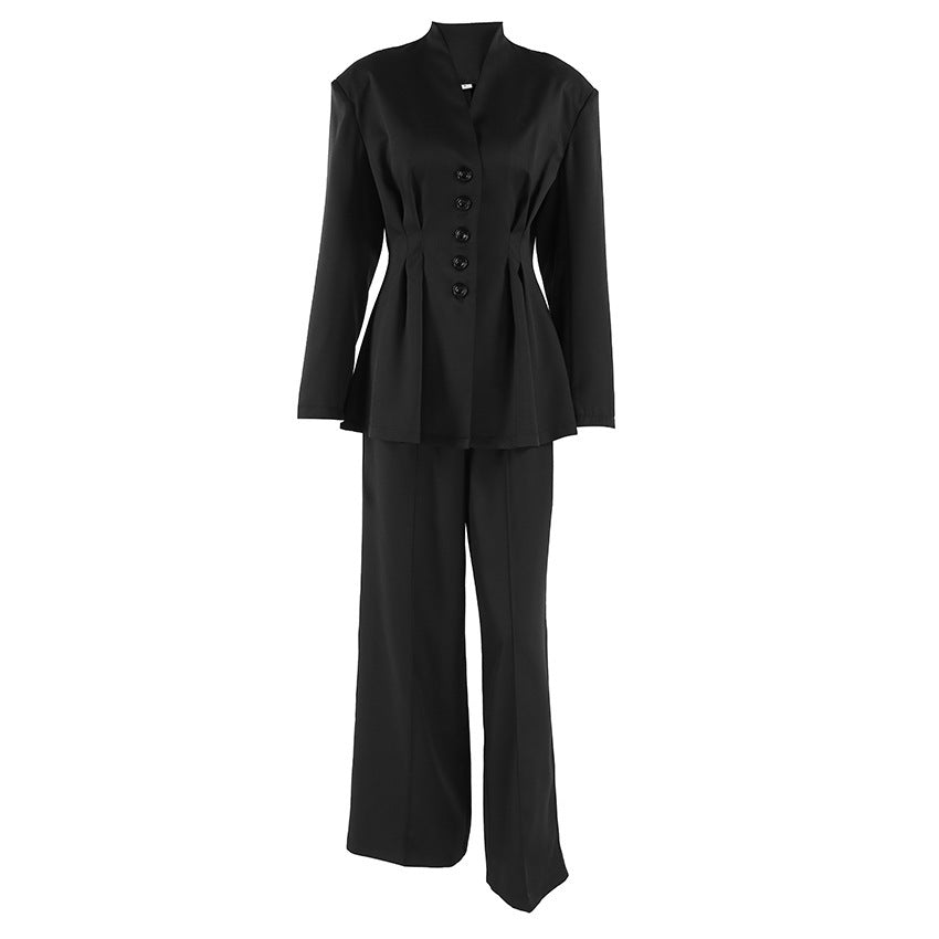 Black Long Sleeve V-neck Pleated Waist Tight Suit Jacket Trousers Two-piece Set