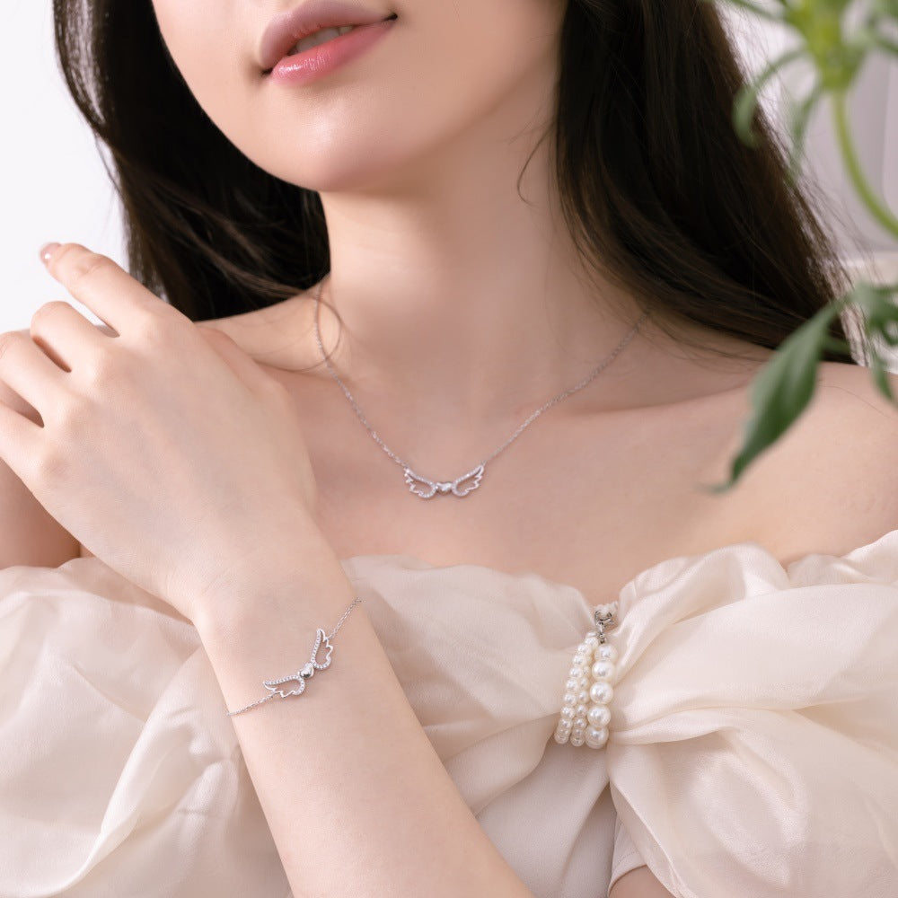 Sterling Silver Bracelet Female With Hearts Wings Zircon Inlaid