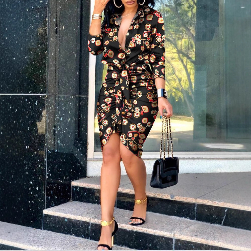 Women's Lace-up Solid Color Long-sleeved Shirt Dress