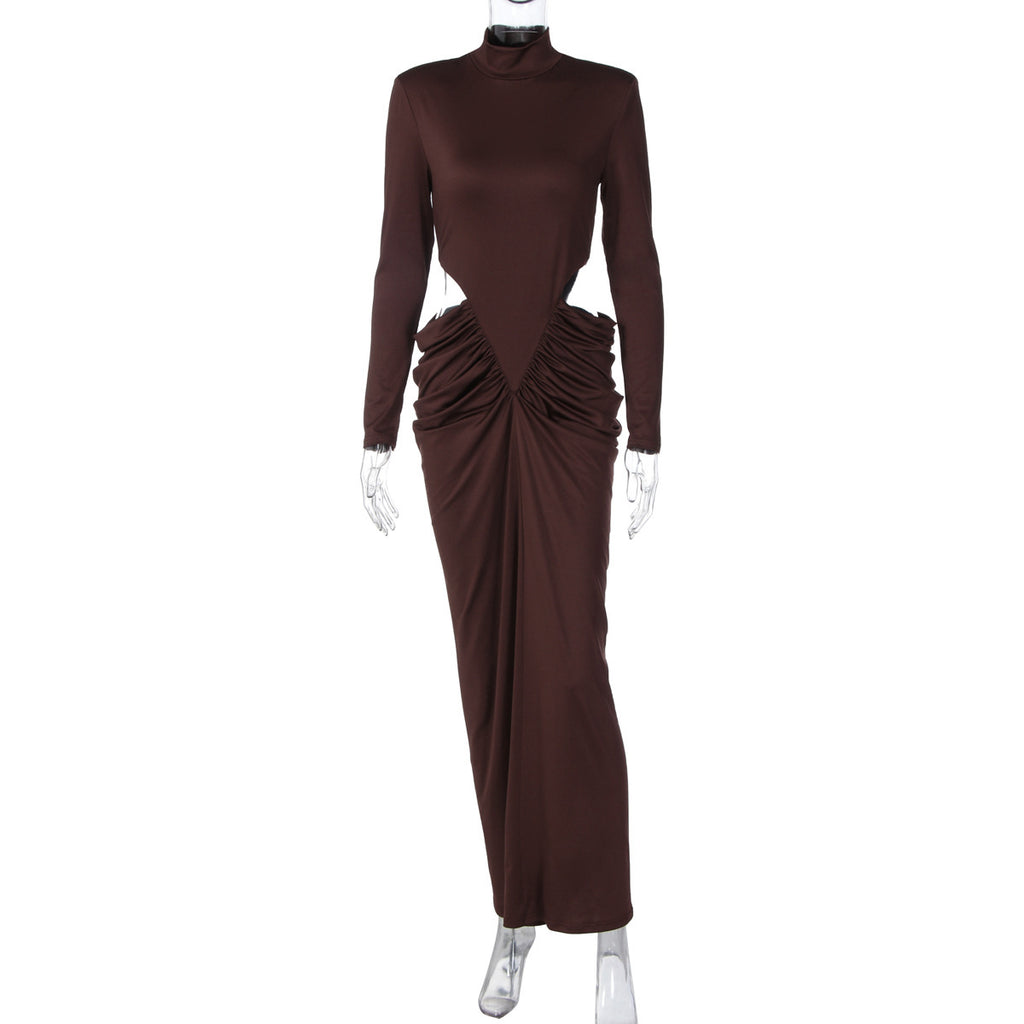 Midriff Outfit Pleated Turtleneck Long Sleeve Dress For Women