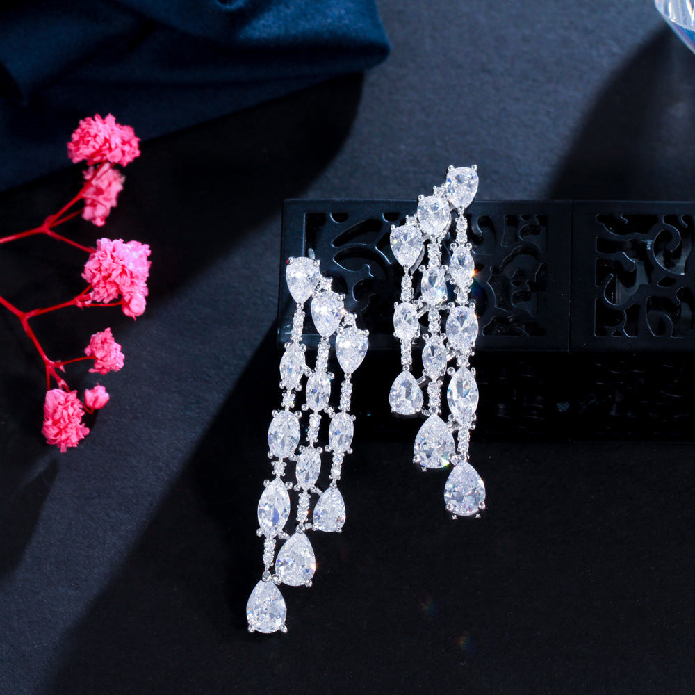 925 Sterling Silver Needle Temperament Personality With Zirconia Full Drill Teardrop-shaped Earrings