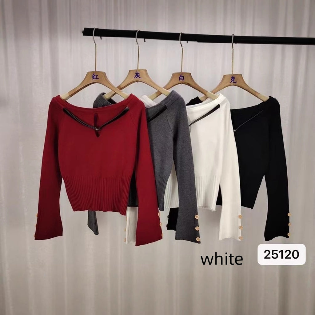 Women's Sweater Belt Off-shoulder Short Long Sleeve Top