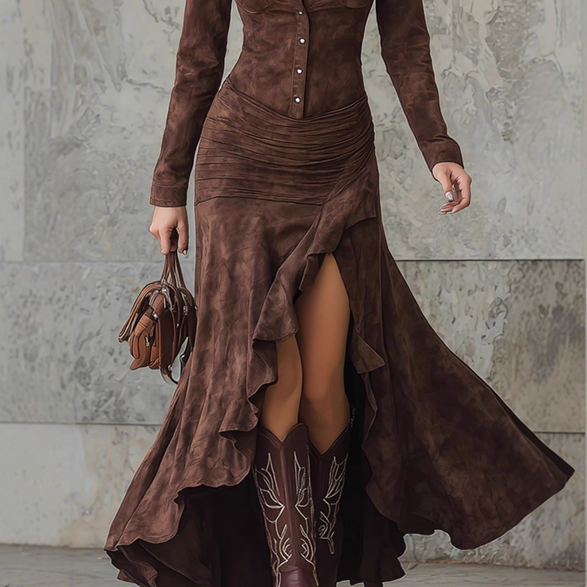 Slim-fit Zipper Stand Collar Split Long Dress