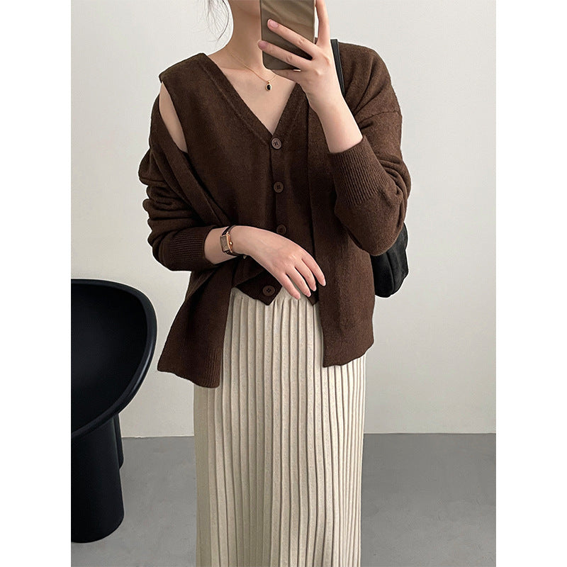Simple V-neck Single Breasted Vest Knitted Cardigan Two-piece Short Sweater Suit For Women