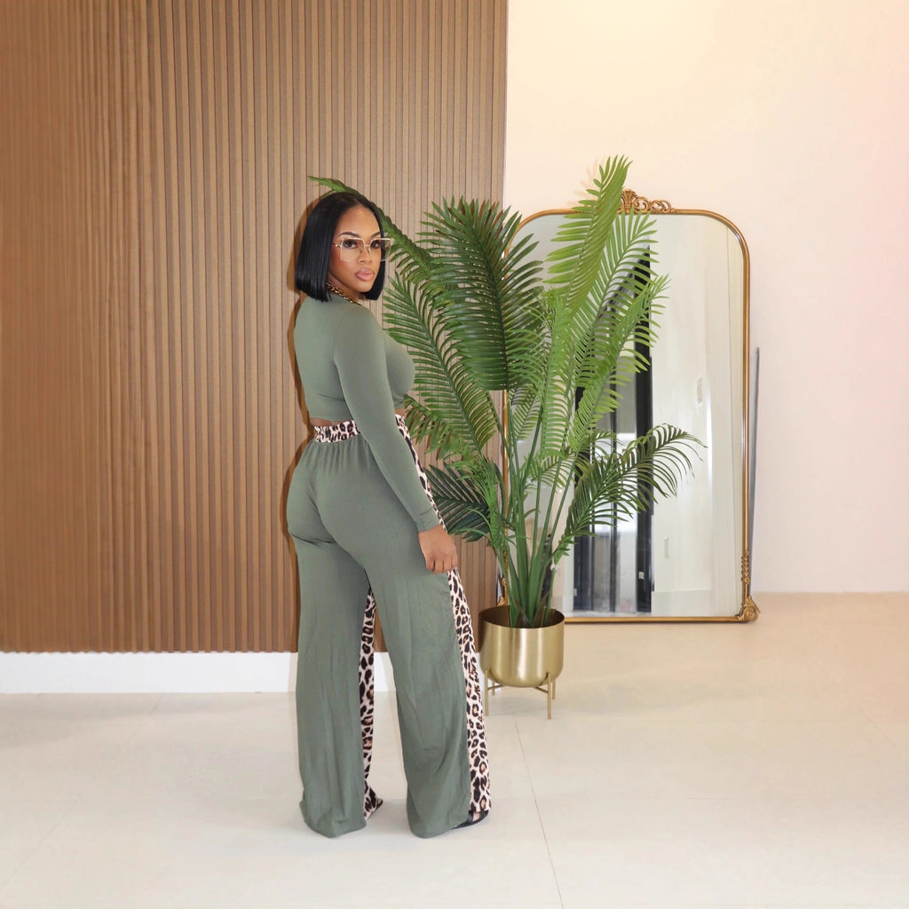 Leopard Print Wide Leg Pants Suit