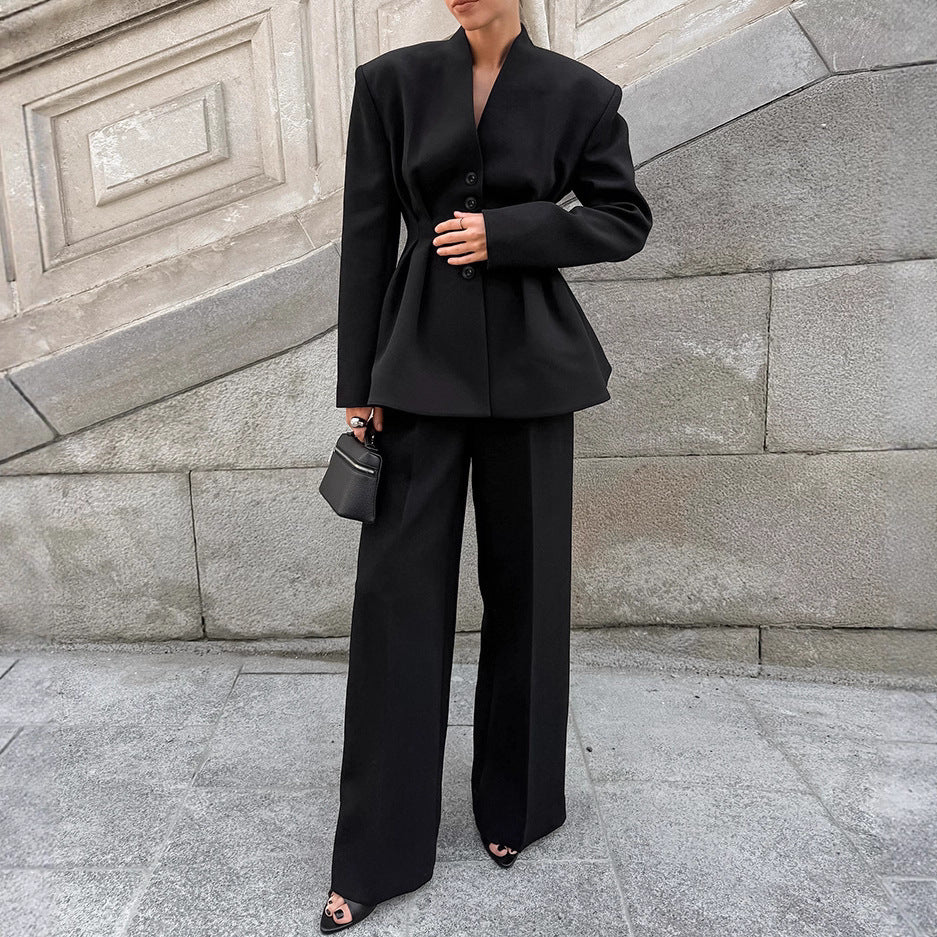 Black Long Sleeve V-neck Pleated Waist Tight Suit Jacket Trousers Two-piece Set