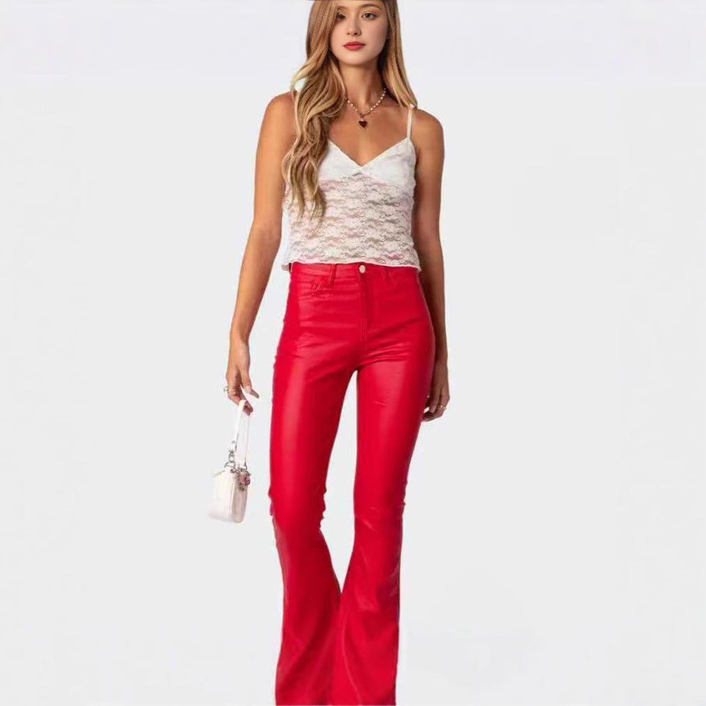 High Waist PU Leather American Hot Girl Tall Mopping Horseshoe Pants