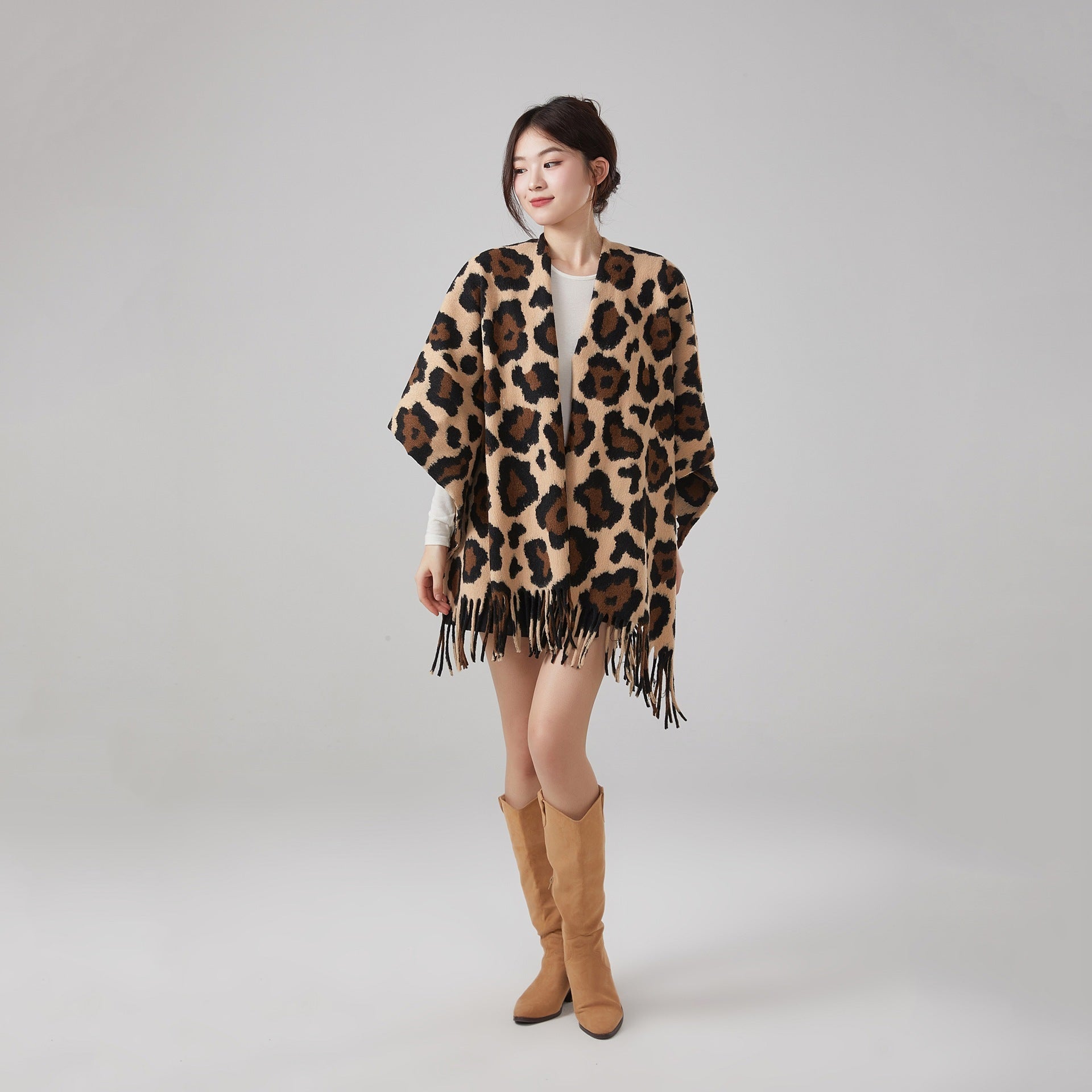Thick Warm Vintage Leopard Print Tassel Shawl