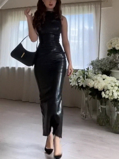 Elegant Sleeveless Leather Bodycon Dress